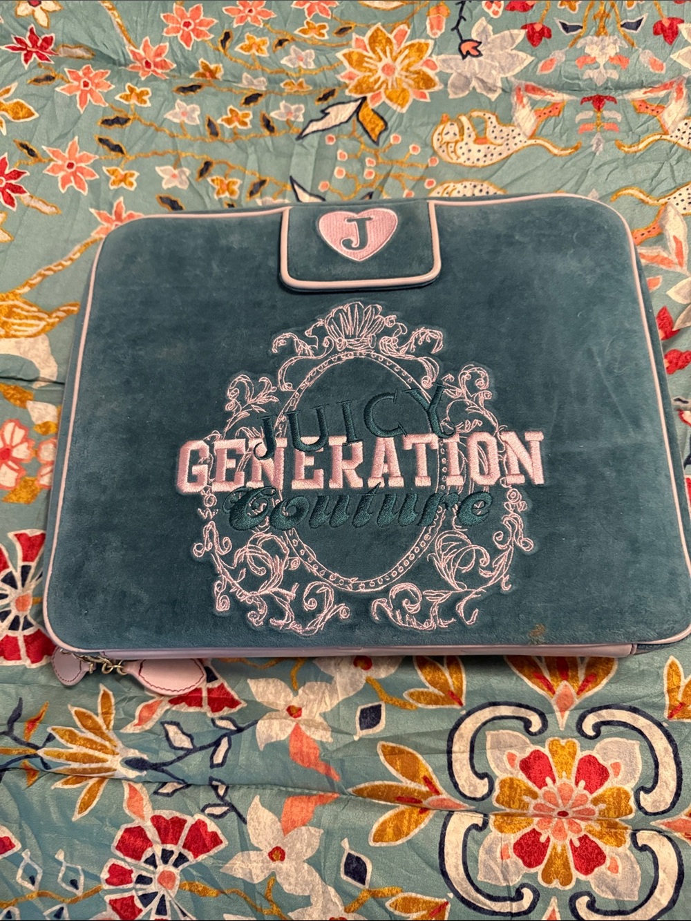 Juicy Couture Teal Velvet Laptop Sleeve with Pink Trim
